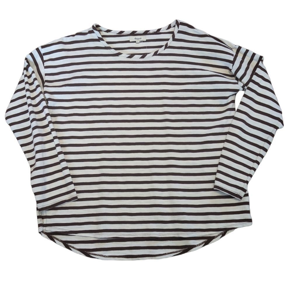 MADEWELL Plum Purple and Off-White Striped Long Sleeve Cotton Tee Size Large